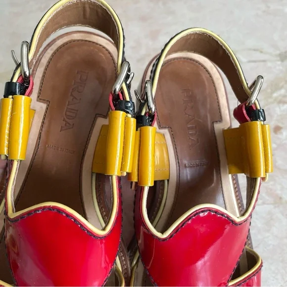 Prada designer red & yellow patent leather block heel sandals - Picture 7 of 8